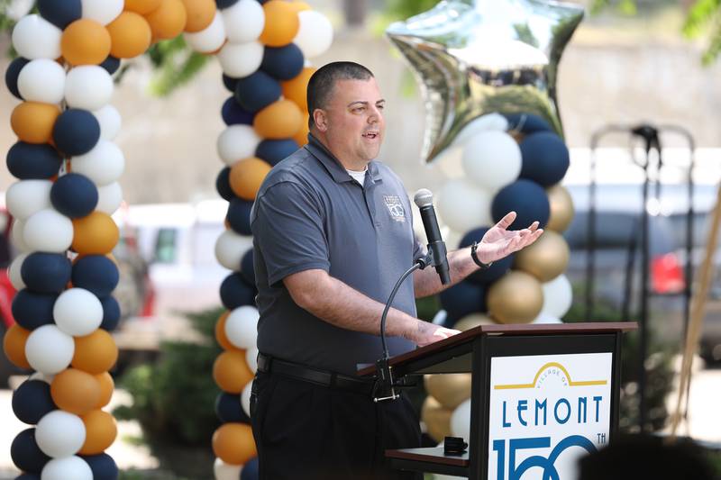 Village Administrator George Schafer speaks at the Lemont 150th Anniversary Commemoration on Friday, June 9, 2023 in downtown Lemont.