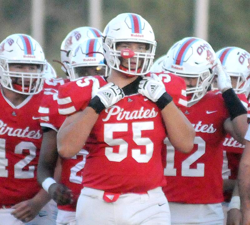 Ottawa's Michael Mills (55) warms up before football game against Streator at King Field on Friday, Sept. 1, 2023.