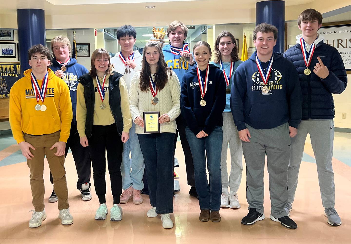 Marquette Academy was one of three schools that won its respective team divisions at the Feb. 3 Illinois Valley Community College Regional Academic Challenge sponsored by Eastern Illinois University. Members of the first place Division 300 winning Marquette Academy team are (front row, from left) Jacob Smith, Darby Morganflash, Ella Biggins, Eva Offermann and Stefan Swords; and (back) Will Carlson, Steven Wang, Jacob Witthuhn, Mary Jo Lechtenberg and Charlie Mullen. Not pictured is Aislinn Aussem.