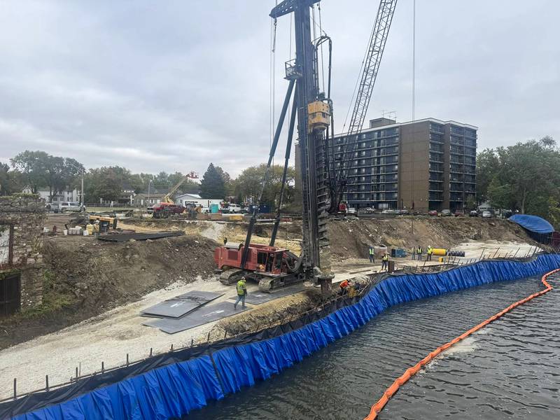 Construciton crews work on the early stages of the Kankakee East Riverwalk on Oct. 22, 2025.