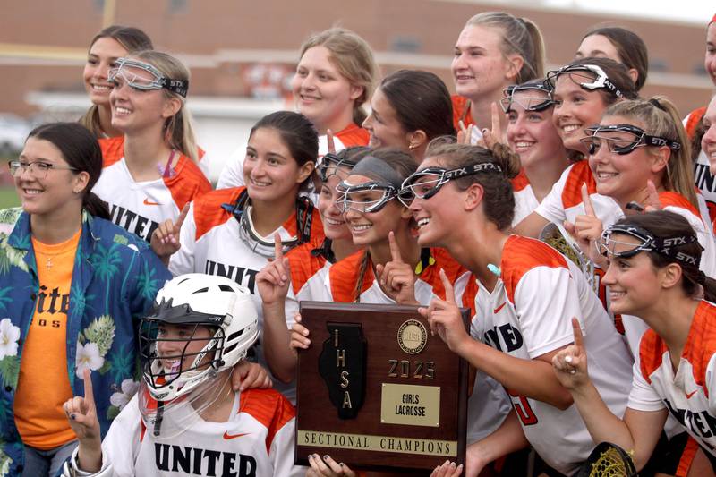 Crystal Lake Central’s United team celebrates a win over  Huntley in IHSA Sectional Title Game action at Crystal Lake Central High School in Crystal Lake on Friday, May 30, 2025.