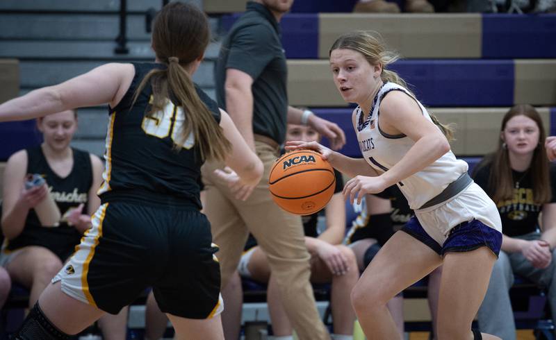 Wilmington's Emilie Strong controls the ball as Herscher's Pippa Dunnill, left, guards in a game on Thursday, January 29, 2026.