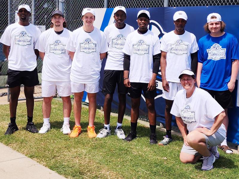 Illinois Valley Community College Men’s Tennis recently competed at the National Junior College Athletic Association national championships, where they finished 27th in the nation. Pictured from left are Tafara Kaguru, Logan Brandner, Ethan Krafft, Shingai Manyonga, Zvikomborero Bingura, Rawland Jasi, Logan Goetsch and Coach Julie Milota. The team was recognized at the June IVCC Board of Trustees meeting.