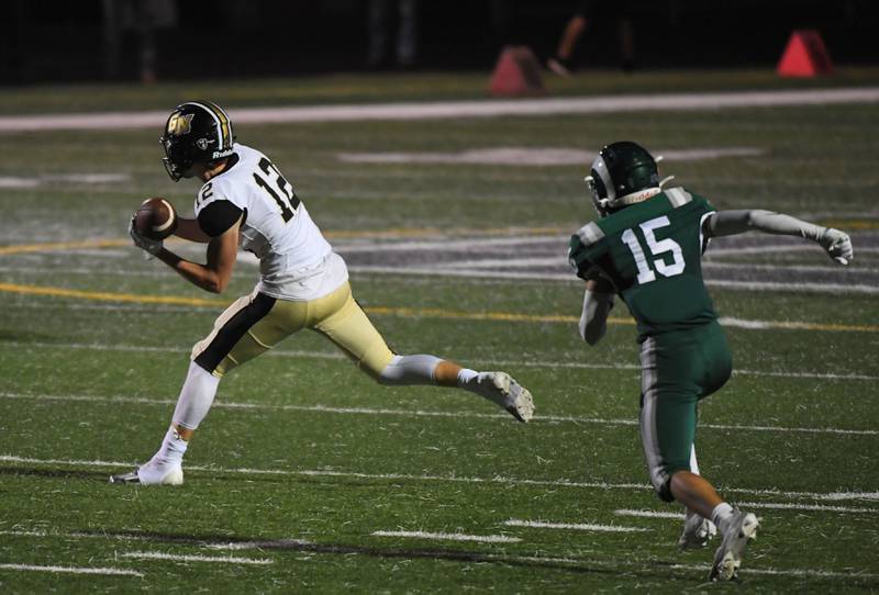 Grayslake North’s Chris Filas catches a pass late in the first half against Grayslake Central in a football game at Central High School on Thursday, September 14, 2023.