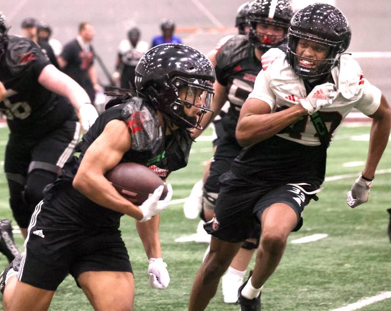 Northern Illinois running back Ahmir Smith carries the ball during the first spring football practice Thursday, March 27, 2025, in the Chessick Practice Center at NIU in DeKalb.