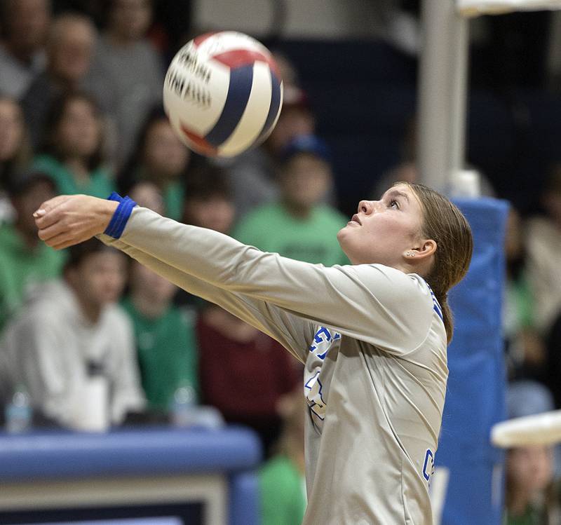 Newman’s Lauren McClain makes a pass against Rock Falls Monday, Oct. 28, 2024, during regional play at Newman.