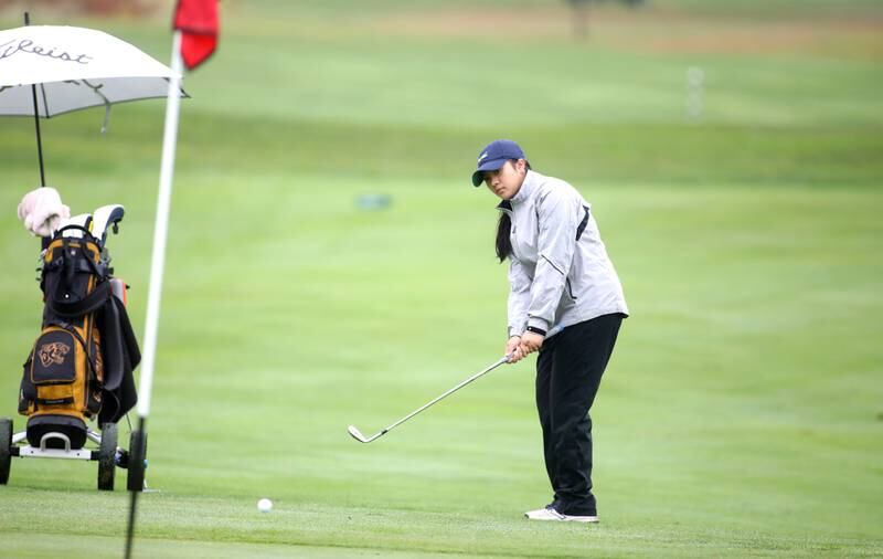 Glenbard North’s Angel Nguyen hits from the fairway during the DuKane Conference Girls Golf Championship on Tuesday, Sept. 24, 2024 at Phillips Park Golf Course in Aurora.