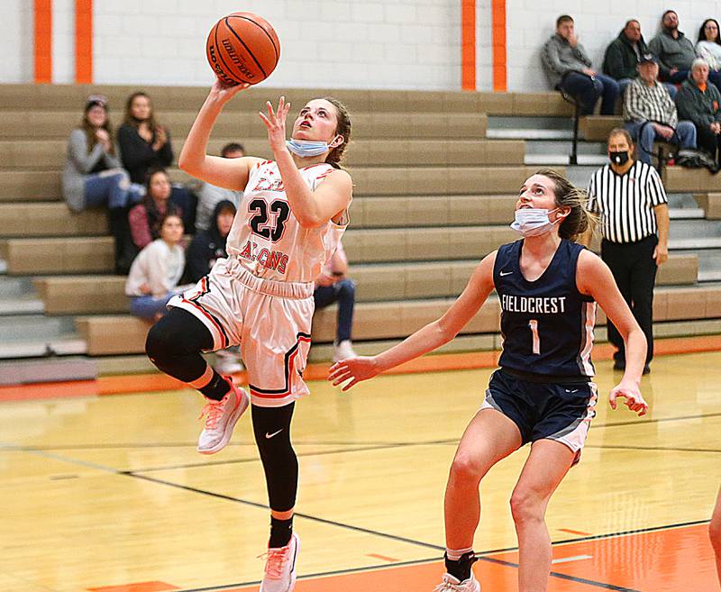 Flanagan-Cornell/Woodland's Raegan Montello (23) cruises to a layup last season during the Falcon-Irish Thanksgiving Tournament.