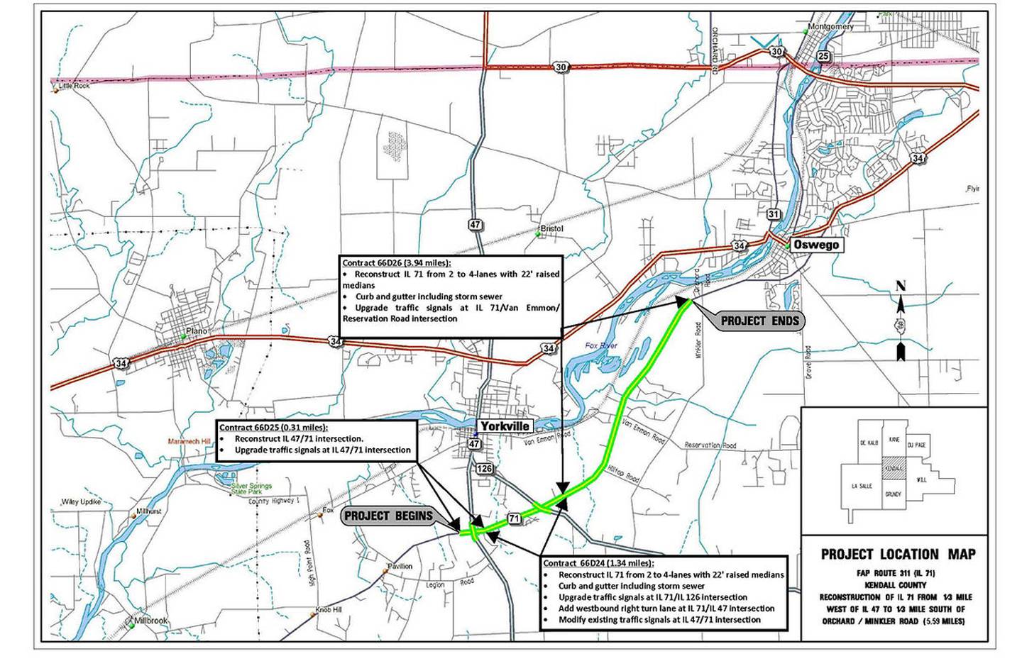 Work is underway to reconstruct more than four miles of Illinois 71 in Kendall County, from Orchard Road in Oswego to Illinois 126 in Yorkville.