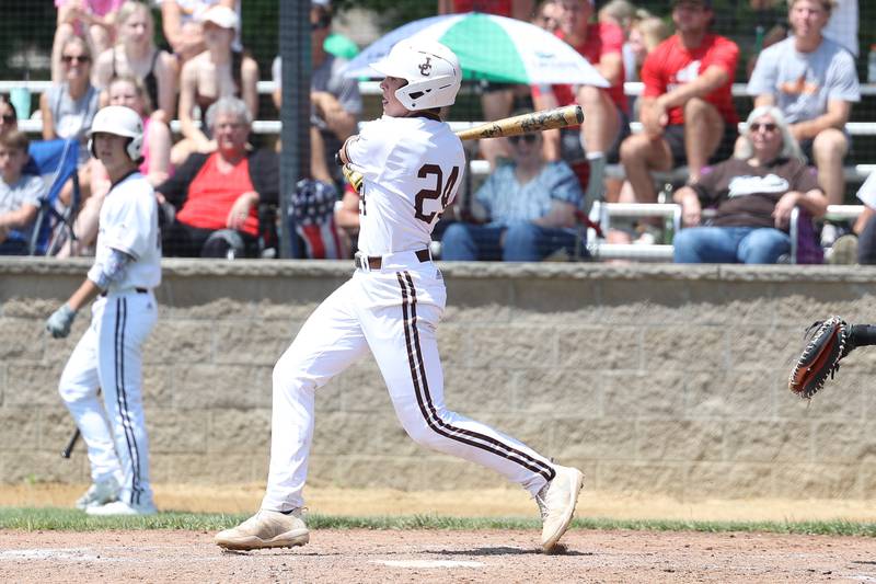 Joliet Catholic’s Vinnie Spotofora singles against Spring Valley Hall in the Class 2A Geneseo Supersectional on Monday, May 29, 2023 in Geneseo.