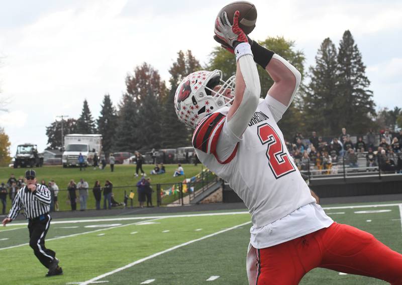 Forreston's Connor Politsch catches a pass against Lena-Winslow in 1A playoff action at Lena on Saturday, Nov. 1, 2025.