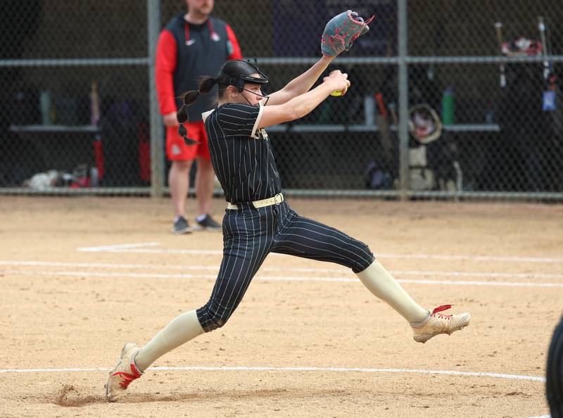 Sycamore's Bella Jacobs delivers a pitch Friday, April 17, 2026, during thier game against Ottawa at Sycamore High School.