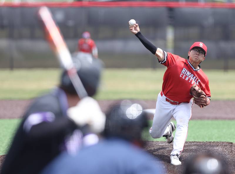 Hinsdale Central's William Ho (0) pitches during the IHSA Class 4A baseball regional final between Downers Grove North and Hinsdale Central at Bolingbrook High School on Saturday, May 27, 2023.