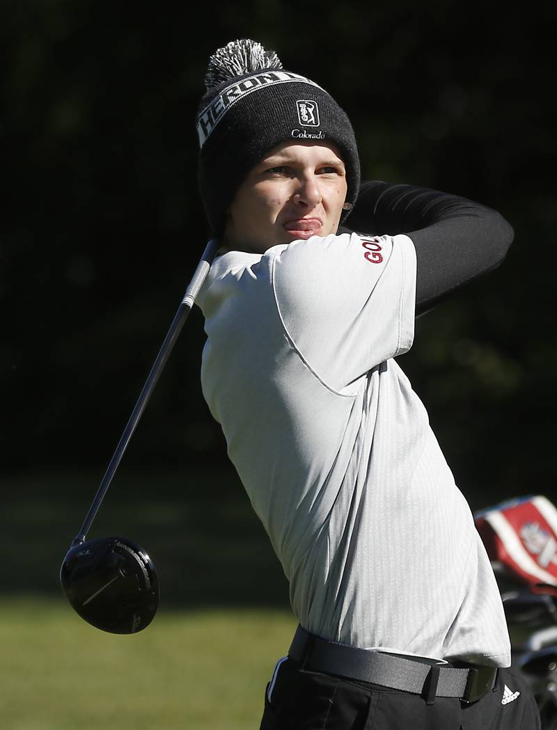 Prairie Ridge’s Charles Pettrone watches his tee shot on the ninth hole during the IHSA 2A Marengo Regional Golf Tournament Wednesday, Sept. 28, 2023, at Marengo Ridge Golf Club.