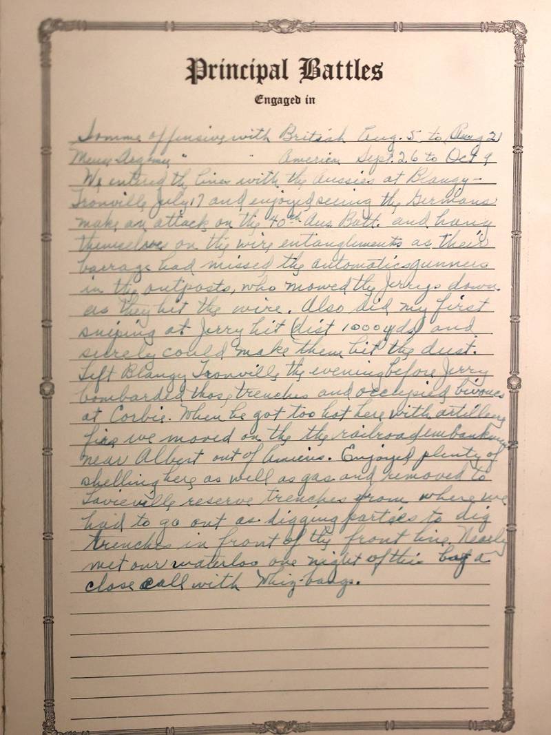 WWI U.S. Army soldier Albert Leonhard wrote down his memories from his battle experiences inside his service record book that was recently purchased by DeKalb resident John Wright at a local estate sale.