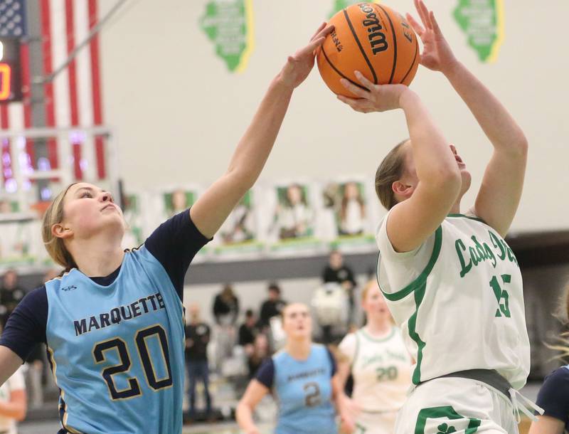 Marquette's Kaitlyn Davis blocks a shot by Seneca's Kylee Rowley on Thursday, Feb. 5, 2026 at Seneca High School.
