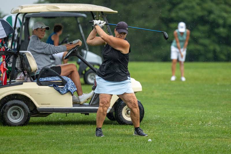 Stephanie Arduini of The Oaks at River's Edge hits on fairway on Saturday, August 10, 2025 at the annual Illinois Valley Women's Golf Tournament at Edgewood Golf Club in McNabb.