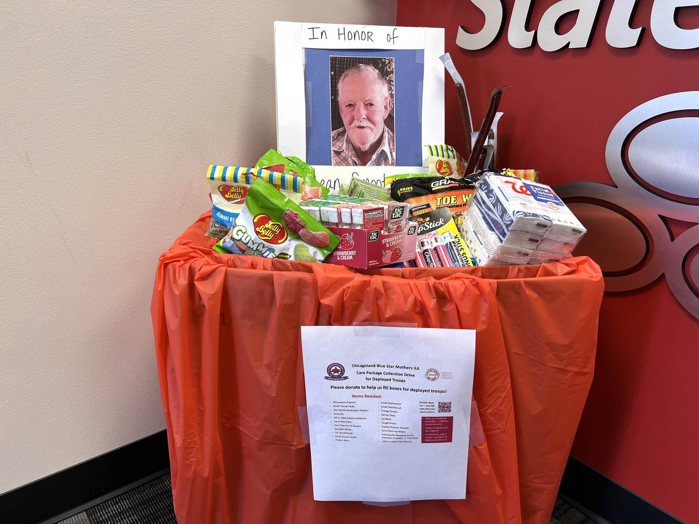 A drop-box, and memorial to Tina Hurst’s uncle, a U.S. Army veteran of the Korean War. In October, she collaborated with Chicagoland Blue Star Mothers to send supplies to deployed members of the United States military.