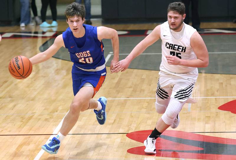Genoa-Kingston's Nathan Skarzynski tries to get by Indian Creek's Jake Taylor Wednesday, Jan. 25, 2023, during their game at Indian Creek High School in Shabbona.