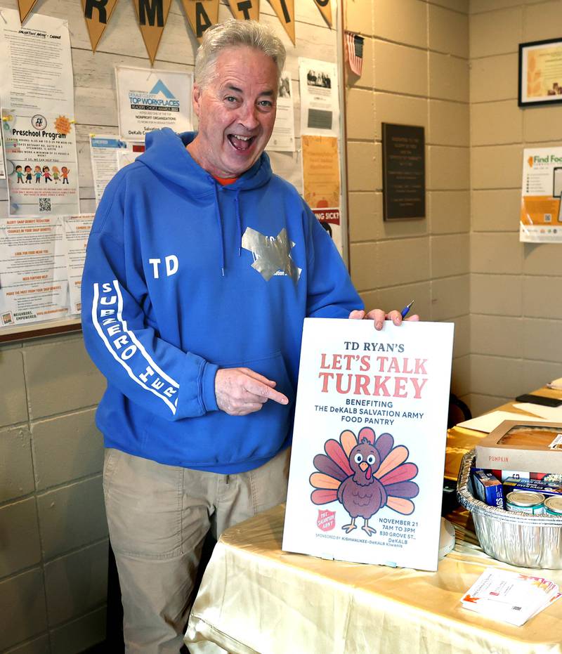 TD Ryan, host of the TD Ryan Unleashed podcast, touts his annual Let’s Talk Turkey Thanksgiving food drive Friday, Nov. 21, 2025, at the Salvation Army food pantry in DeKalb.