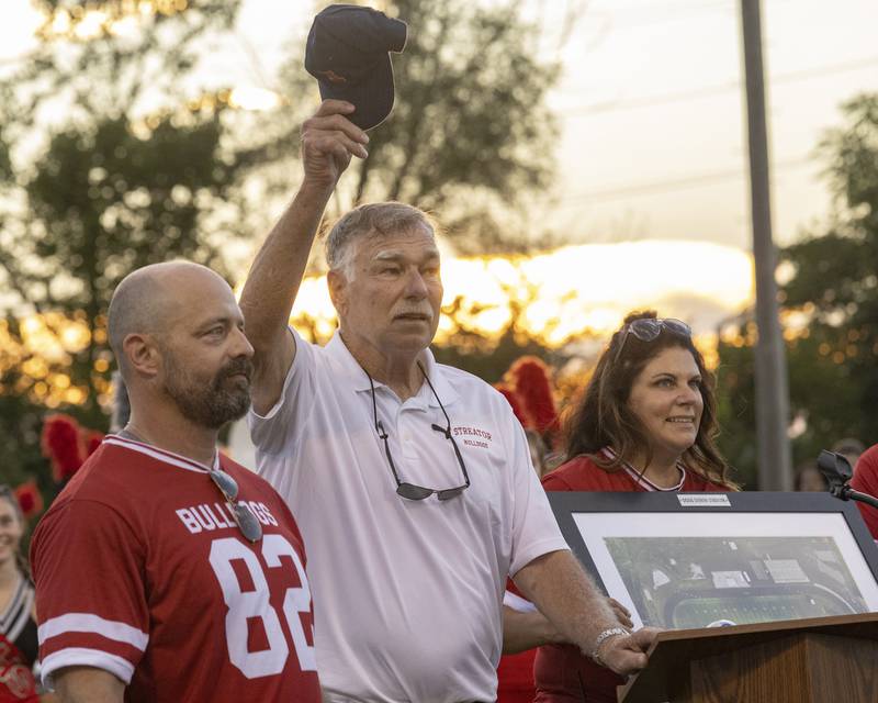 Doug Dieken is honored during a renaming ceremony christening Doug Dieken Stadium on Friday, Sept. 2, 2022, in Streator. Dieken was a University of Illinois and Cleveland Browns star and Streator High School graduate.