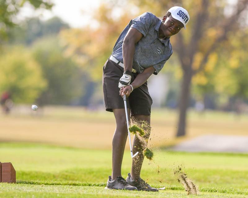 Jonah Powell of Plainfield South watches his drive off the tee box during the Plainfield Central regional on Wednesday Oct. 1, 2025, held at Wedgewood Golf Course in Plainfield.