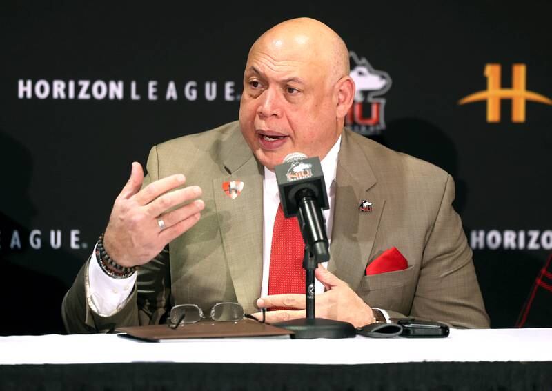 Northern Illinois University Vice President and Director of Athletics, and Recreation, Sean Frazier, speaks during a press conference Thursday, Feb. 27, 2025, at the Convocation Center announcing that NIU will be joining the Horizon League starting with the fall 2026 season for most sports other than football.
