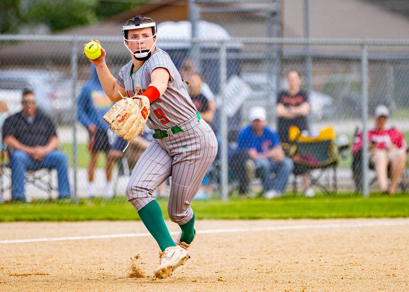 Allie Thome of LaSalle Peru High School throws a runner out from third base during the Illinois Class 3A regional game on May 30, 2025 at Pontiac High School.