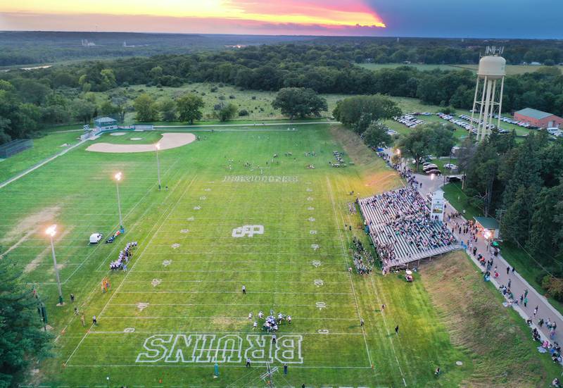 An aerial view of the sun setting over the football field on Friday Aug. 29, 2025 at St. Bede Academy. The St. Bede Bruins hosted the Bureau Valley Storm for the first week of the football season.
