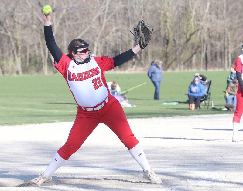 Earlville pitcher Addie Scherer lets go of a pitch to Somonauk on Friday, April 12, 2024 at Earlville High School.