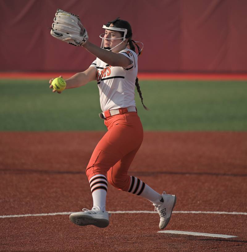 St. Charles East pitcher Makayla Van Dinther works against Barrington in an IHSA Class 4A supersectional softball game in Barrington on Monday, May 9, 2025.