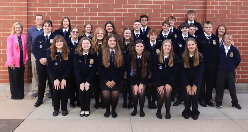 Members of the Bureau Valley FFA are (back, from left) Caseelynn Shimmin (Advisor), Duane Price (Bureau Valley High School principal), Elizabeth Bowyer, Toby Behrends, Jacey Michlig, Kellen Wall, Ayden Andrade, Andrew Roth, Nathan Siri, Aidan Besler, Alexa Jacobs (advisor). (middle) Clara Verway, Jennah Menerey, Katrina Wahl, Karlee Dykstra, LeAnn Oleson, Josh York, Cody Galassi, Jon VanStaden, Bentley Chamberlain, (front) Reese Aukes, Reese Faber, Kaitlyn Shook, Payton Monier, Lila Spencer, Ali Carrington.