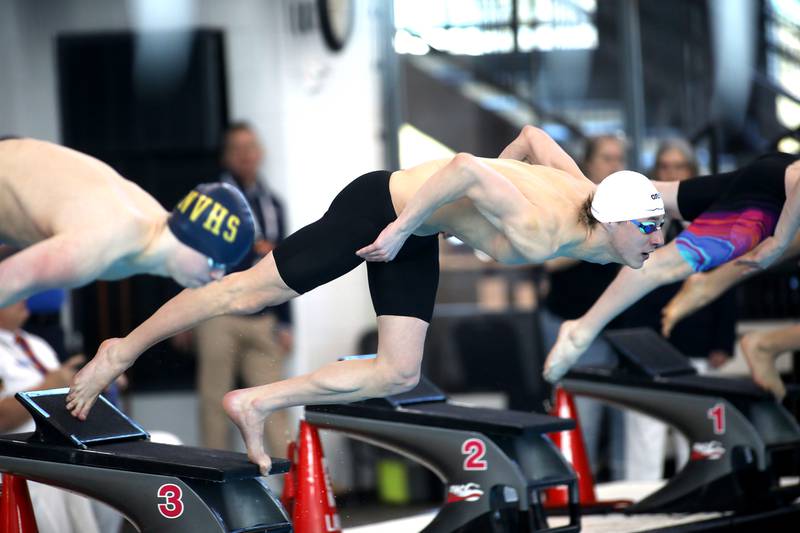 Cary-Grove’s Kasparas Venslauskas dives in for the 200-meter individual medley consolation heat during the IHSA Boys State Championships on Saturday, March 1, 2025 at the FMC Natatorium in Westmont.