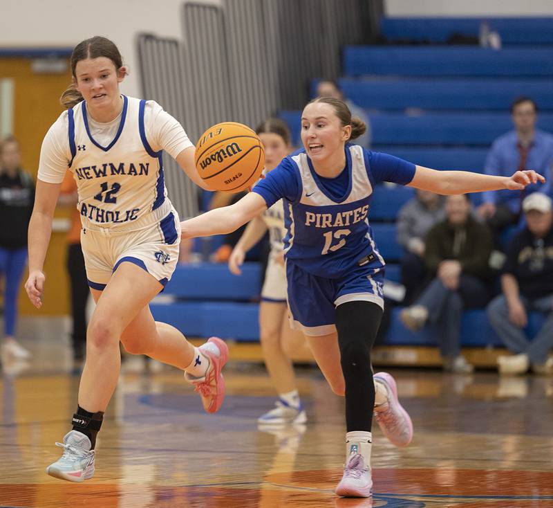 Newman’s Lucy Oetting races up court for a bucket against Galena Tuesday, Feb. 24, 2026, in the Class 1A sectional at Eastland High School.