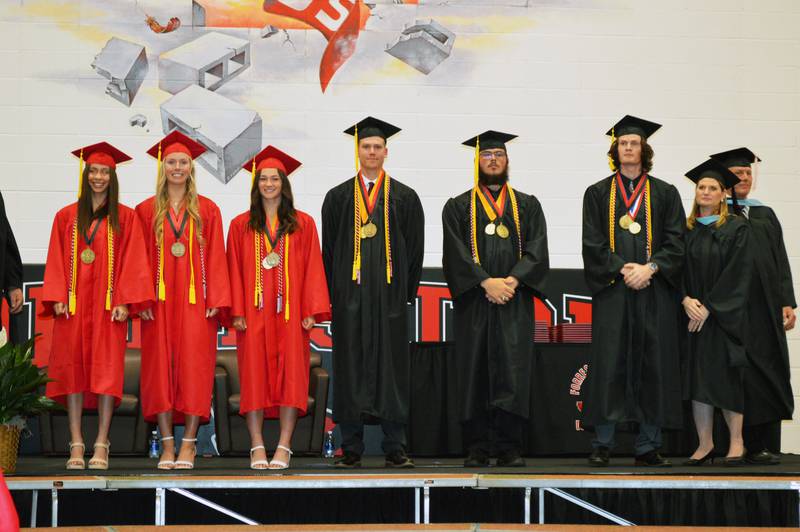 Six Forreston High School seniors were recognized for being in the top 10% of the Class of 2023 during their commencement on May 14, 2023. Left to right are: Lily Johnson, 4.07 GPA; Rylee Broshous 4.08 GPA; co-salutatorians Brooke Boettner, Owen Greenfield and Johnathen Kobler, all with 4.11 GPAs; and valedictorian Brock Smith, 4.12 GPA.