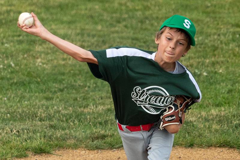 Westin Sullivan (10) of Hatzer & Sons pitches Wednesday, June 25, 2025, at Southside Park in Streator.