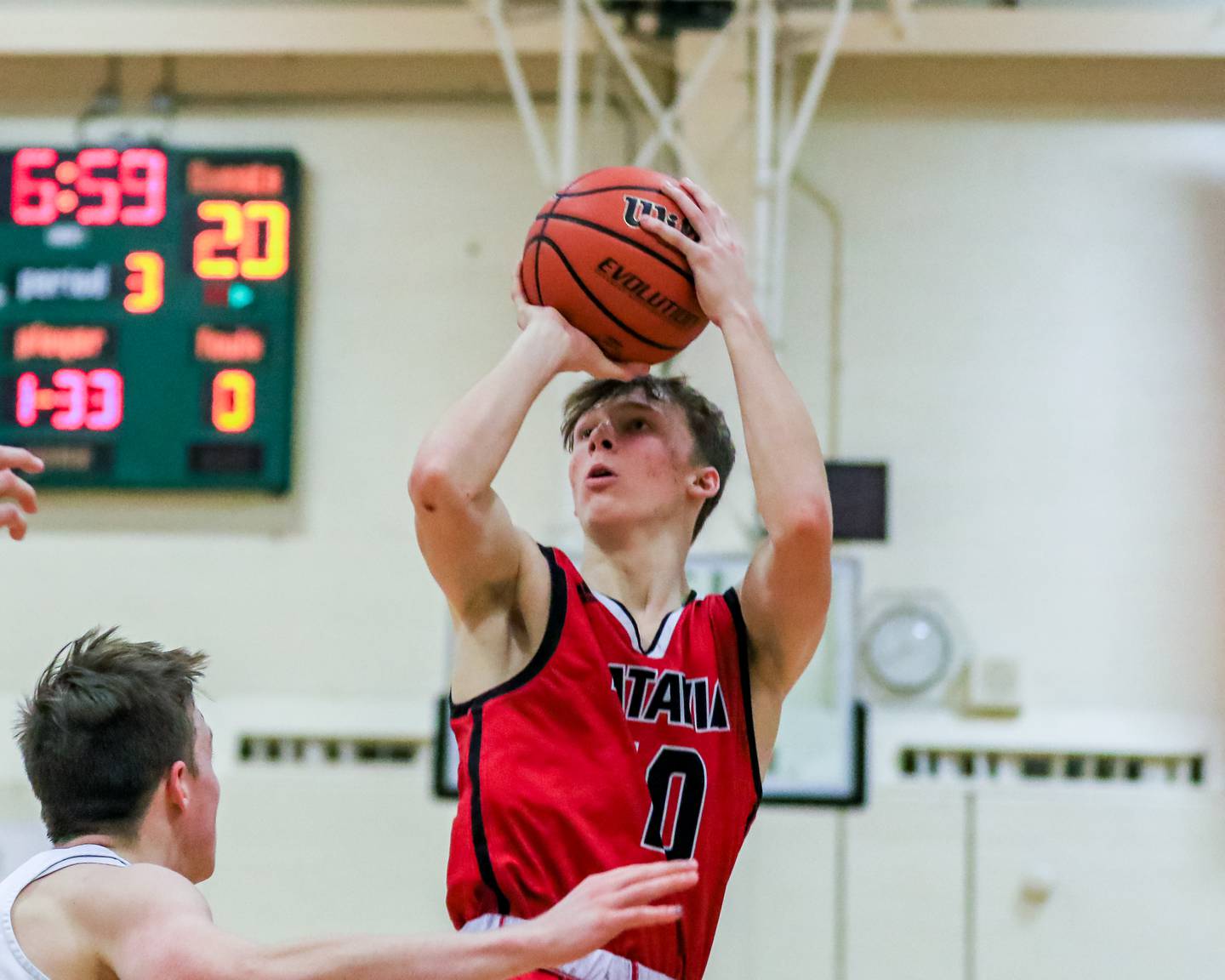 Batavia's Nate Nazos (10) shoots a jump shot during the Jack Tosh Holiday Classic basketball game between Lyons at Batavia. Dec 26, 2022.