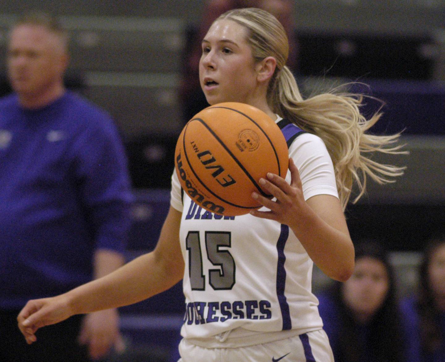 Dixon's Morgan Hargrave brings the ball up court. The Dixon Duchesses played  the Aurora Central Catholic Chargers in the Dixon Holiday Tournament
at Dixon High School on Friday, December 26th, 2025