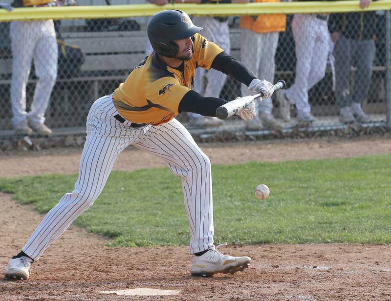 Putnam County's Jackson McDonald lays down a bunt against Henry-Senachwine on Tuesday, April 25, 2023 at Putnam County High School.