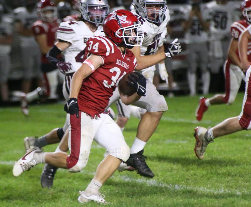 Hall's Aiden Redcliff races down the field against Illinois Valley Central on Friday, Sept. 29, 2023 at Richard Nesti Stadium.