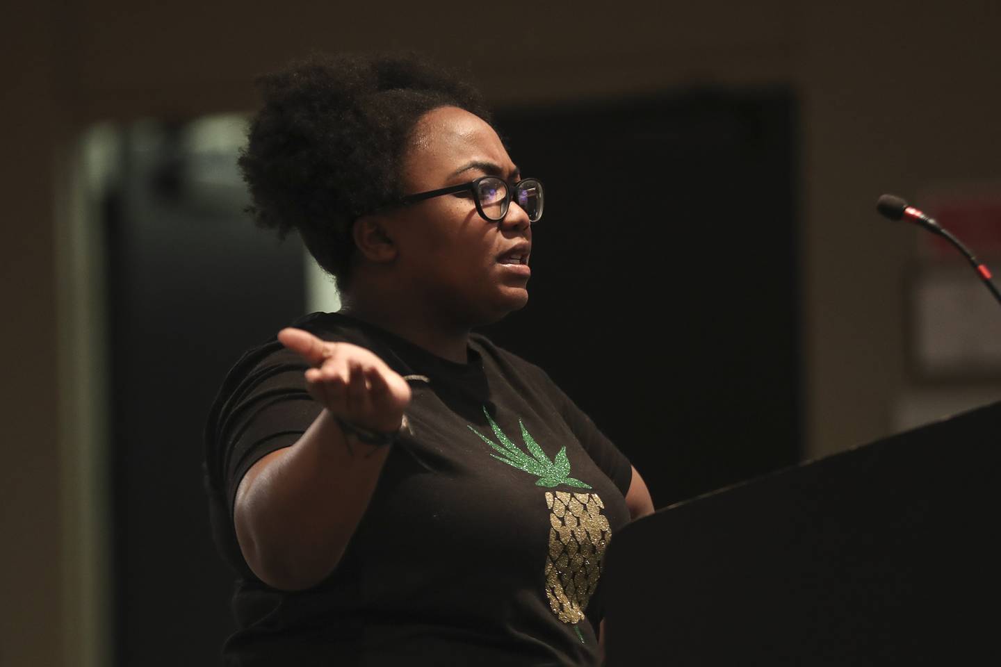 Joliet resident Candice Quinerly voices her concerns about the process selecting member to sit on the proposed Citizens Police Review Board on Wednesday, Feb. 3, 2021, at Joliet City Hall in Joliet, Ill. Members of the community attended a meeting of the Joliet Land Use and Legislative Committee to voice their opinions on the newly proposed Citizens Police Review Board.