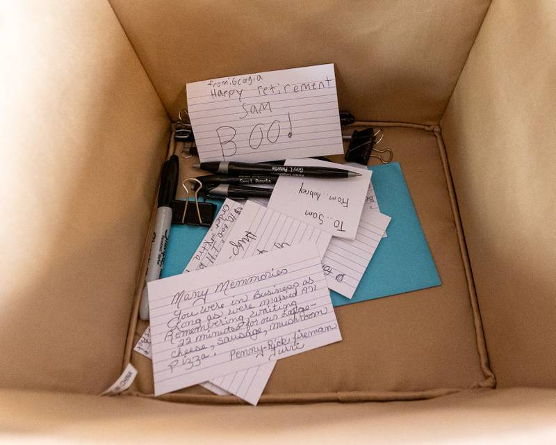 Notes are left in a box for Sam at his retirement celebration on Saturday, October 25, 2025 at the Rootbeer Stand in Oglesby.