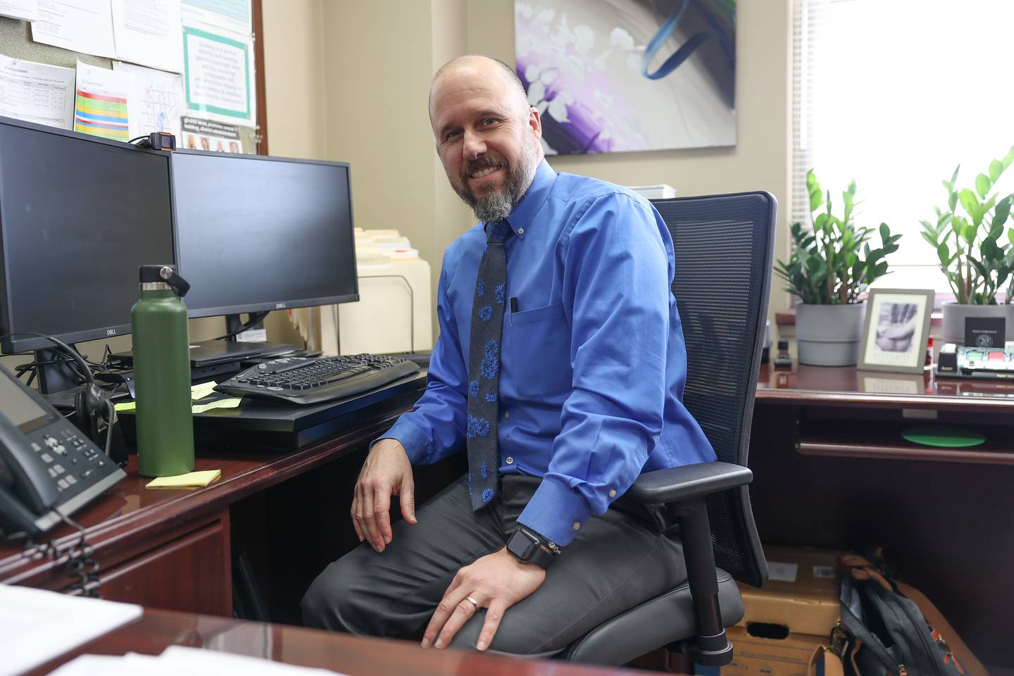 Tim Albores, Director of Student Services for High School and ED/Alternative Programs, poses in his office at the Plainfield Community Consolidated School District 202 building on Wednesday, March 14th, 2023 in Plainfield.