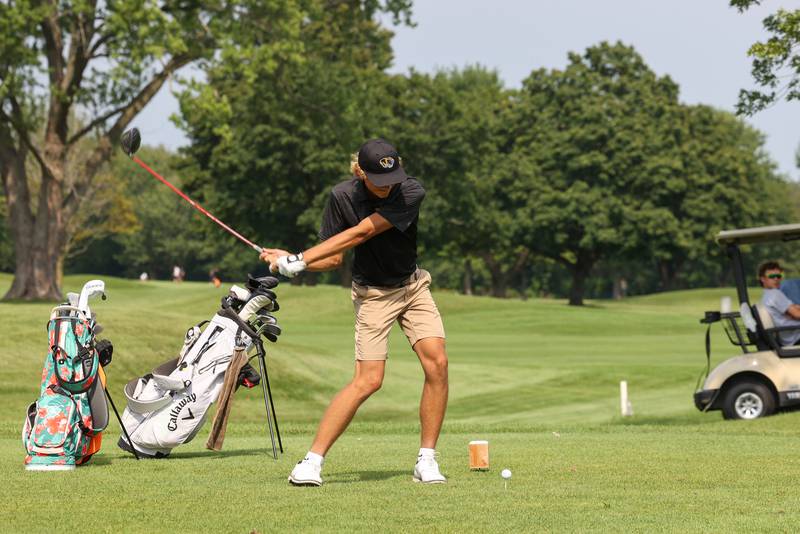 Herscher's Cooper Meredith tees off during the Bill Breeden All-Area Classic at the Kankakee Elks on Monday, Aug. 18, 2025. Meredith scored 92 as the Tigers claimed third place overall.