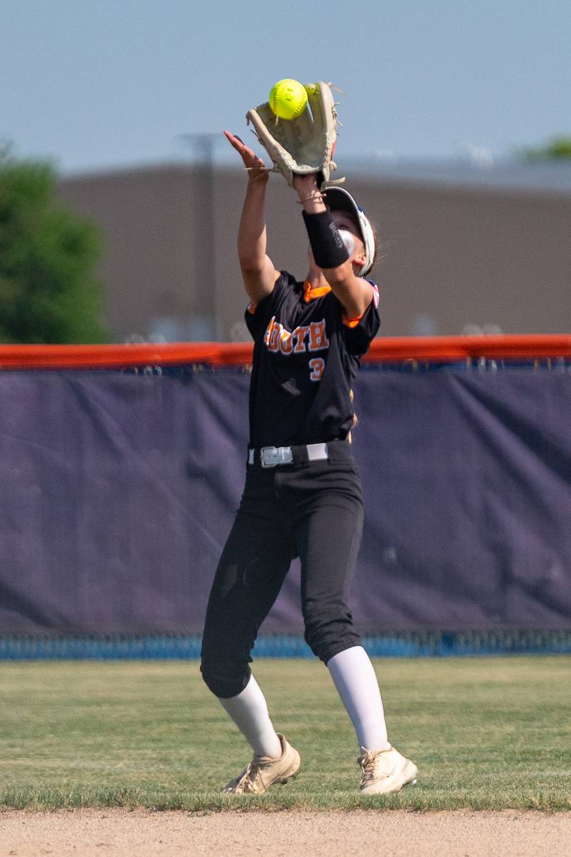 Wheaton Warrenville South's Presley Wright (3) catches a fly-ball for an out against Yorkville during the Class 4A Oswego softball sectional final game between Yorkville and Wheaton Warrenville South at Oswego High School on Friday, June 2, 2023.