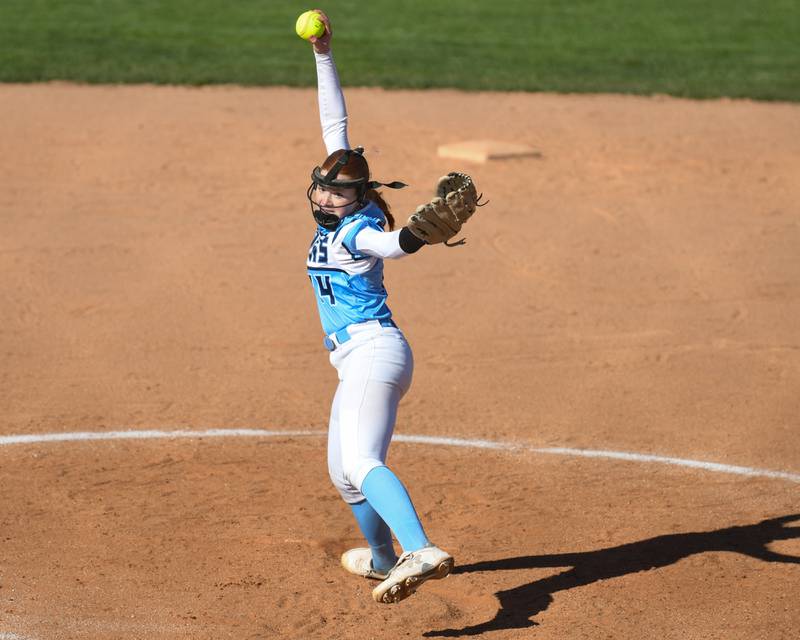 Lake Park's Gianna Furlano (14) pitches against St. Charles North during the game on Wednesday April 24, 2024, held at Lake Park High School.