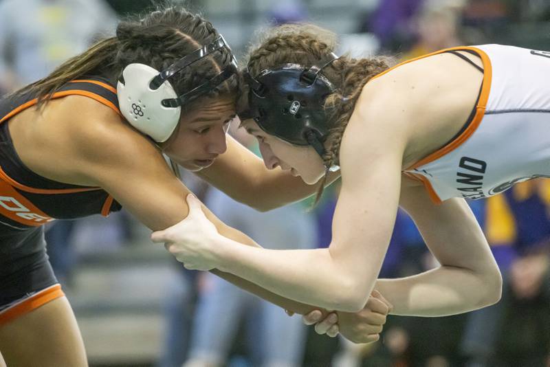 Angelina Gochis of Kaneland wrestles and defeats Alex Gregorio-Perez of Dekalb High School to take first place during girls wrestling sectionals at Geneseo High School on February 10, 2024.