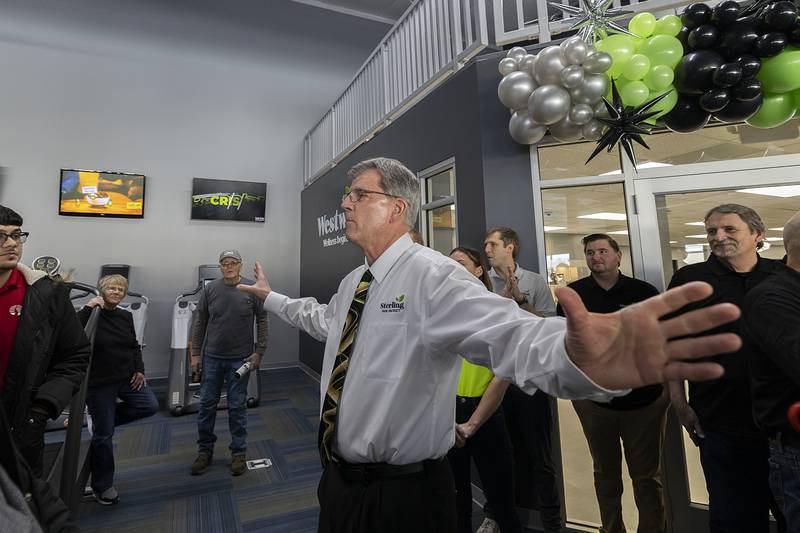 Sterling Park District Director Larry Schuldt welcomes visitors to the ribbon cutting of Westwood Wellness on Tuesday, Jan. 31, 2023. The new area will feature infrared saunas, red light and salt therapy, hydro massage chairs and, eventually, a cryotherapy chamber.