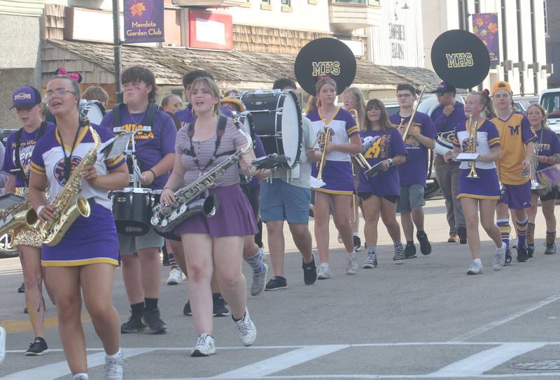 Members of the Mendota High School Band march down Indiana Avenue during the homecoming parade on Friday, Oct. 3, 2025