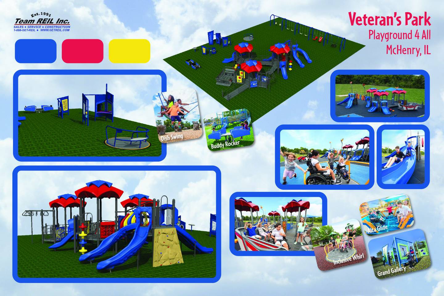 Funds raised by the 2024 Splash into Country/Rock the Lake RISE Up music festival are set to install an inclusive playground at McHenry's Veteran's Memorial Park. That playground would include features similar to these, Mayor Wayne Jett said. Renderings show what the proposal could look like.
